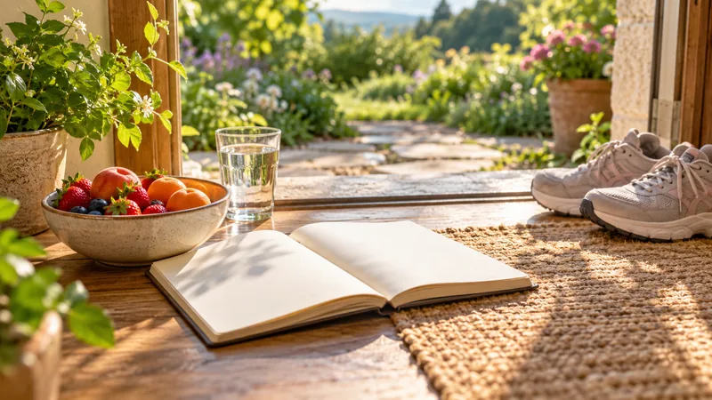 Fruit, water, a notebook and walking shoes beside a garden doorway