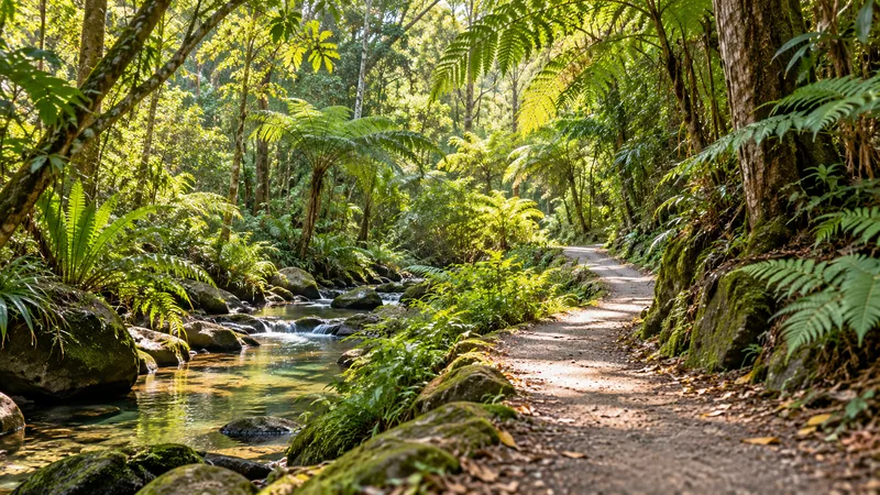A curving path leading into a lush sunlit rainforest