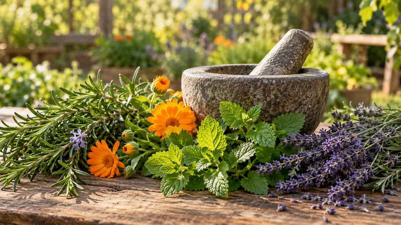 Fresh medicinal herbs and flowers beside a stone mortar and pestle