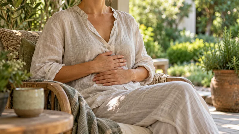 A quiet moment of body awareness on a shaded garden verandah