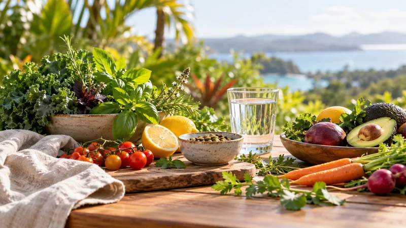 Fresh herbs, whole foods and water on a sunlit timber table