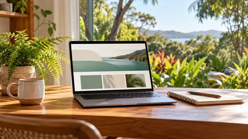 A laptop, notebook and potted fern on a timber desk beside a garden window