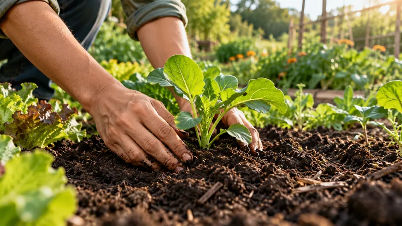 Hands tending a young leafy plant in rich garden soil