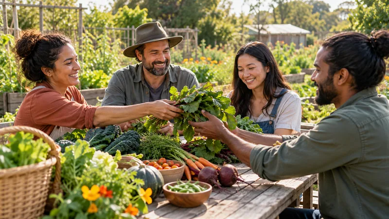 People sharing garden produce at a table beside a community vegetable garden