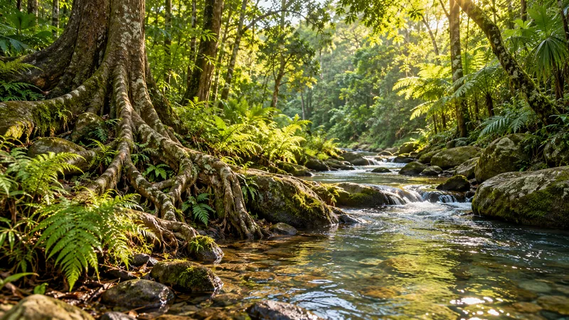 A sunlit forest ecosystem with tree roots, ferns and a clear creek