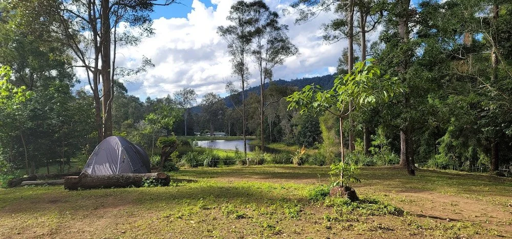 Camping beside the lake among trees at the Crystal Waters EcoPark